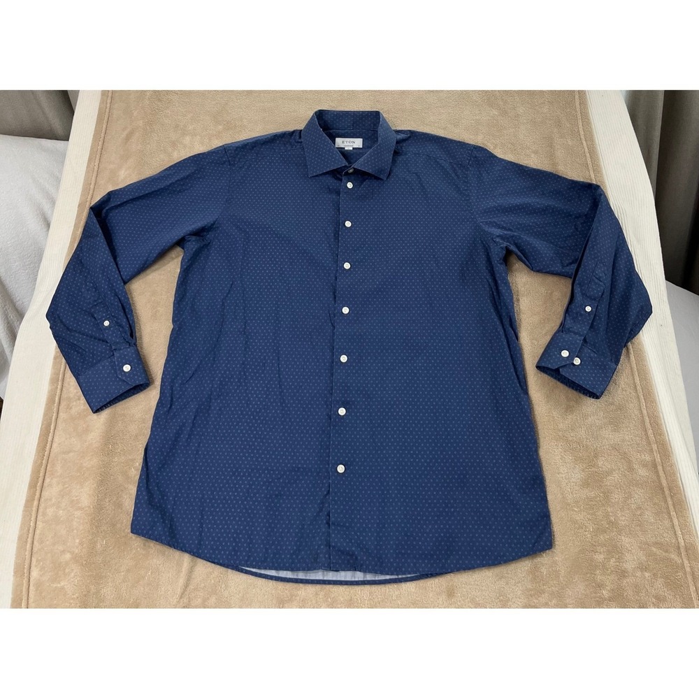Eton Contemporary Shirt 2XL 46 18 Blue Circle Dot Pattern‎ Long Sleeve Down EUC
